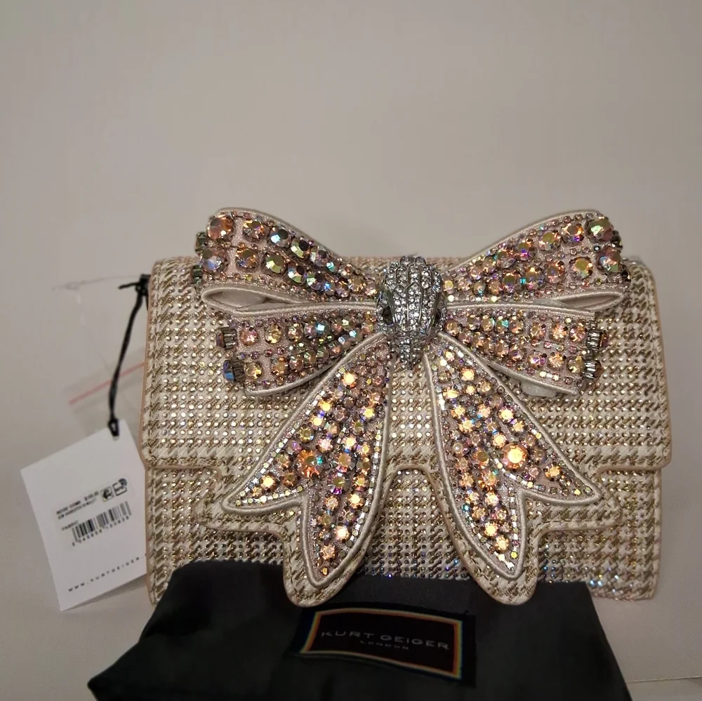 Kurt Geiger Shoreditch Bag Beigh/Gold Clutch with Bow Rhinestones NWT